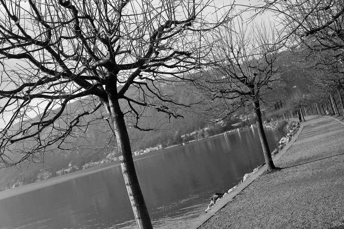 Schwarz-Weiß Foto Seepromenade Luganer See